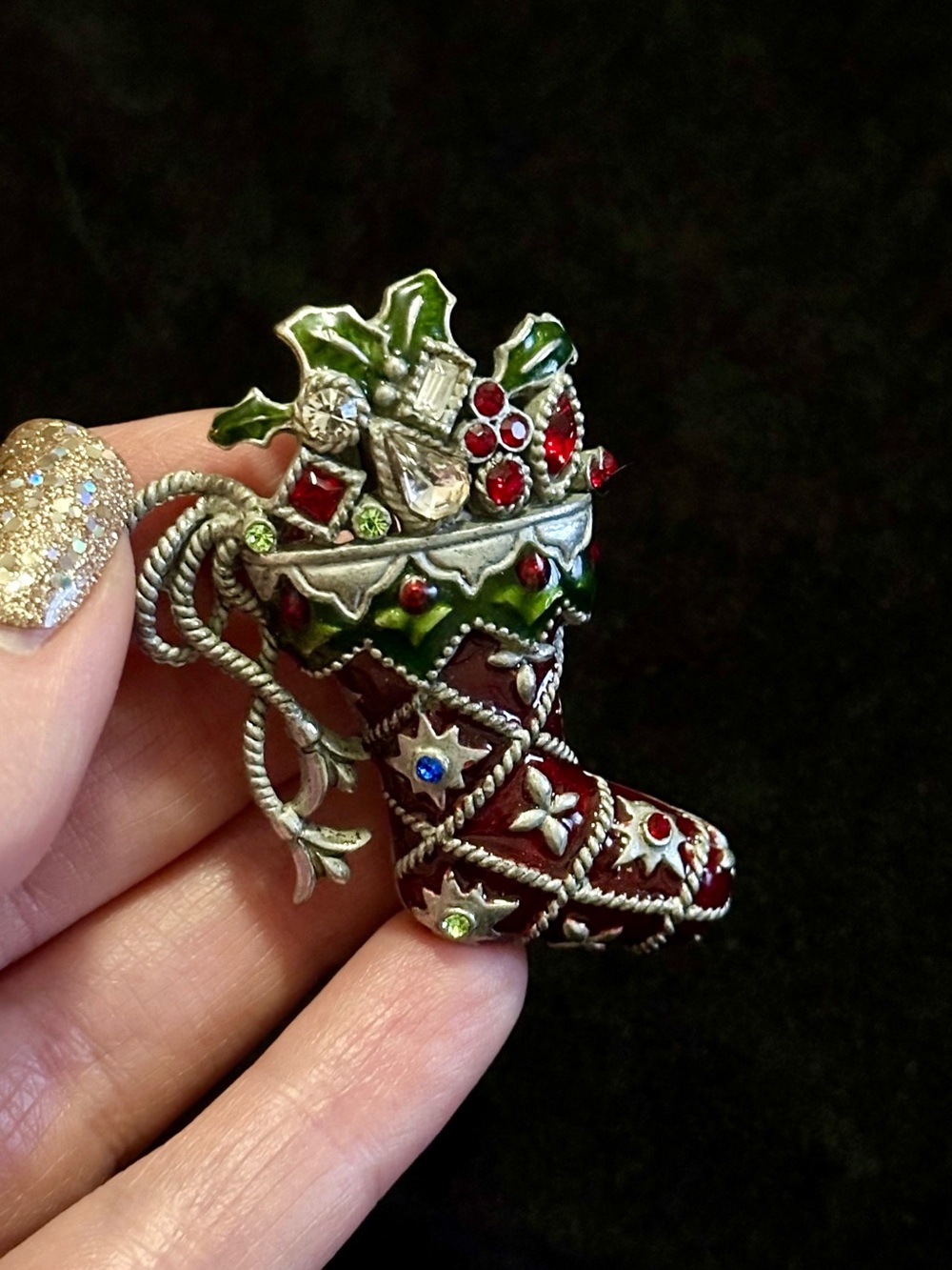 Vtg Christmas Stocking Brooch Pin Red Green Enamel Rhinestones